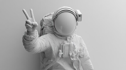 Wall Mural - a monochromatic astronaut making a peace sign against a plain background.