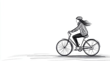 Wall Mural - minimalist continuous line art of a woman riding a city bicycle, sketched in black lines against a c