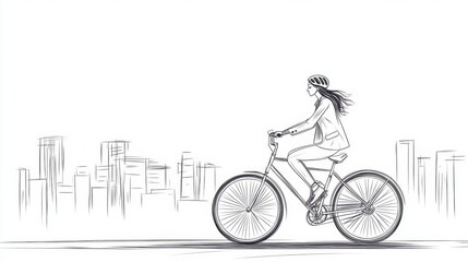 Wall Mural - minimalist continuous line art of a woman riding a city bicycle, sketched in black lines against a c