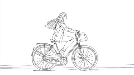 Wall Mural - minimalist continuous line art of a woman riding a city bicycle, sketched in black lines against a c