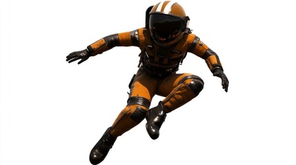 Wall Mural - a person in an orange space suit appears to be floating or jumping in a zero-gravity environment.