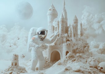 Wall Mural - an astronaut explores a whimsical sandcastle in a surreal, dreamlike landscape.