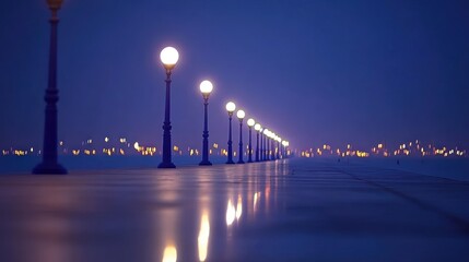 Poster - A serene nighttime scene of a lit pathway lined with street lamps reflecting on the ground.