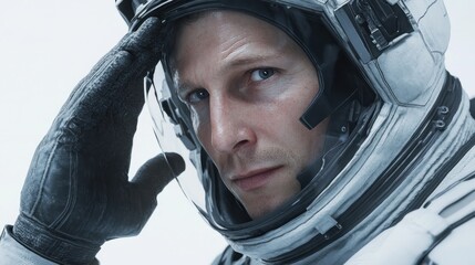 Wall Mural - a close-up of an astronaut saluting, showcasing a focused expression and detailed helmet.