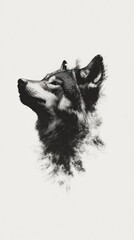  A stylized black and white illustration of a wolf's head in profile.