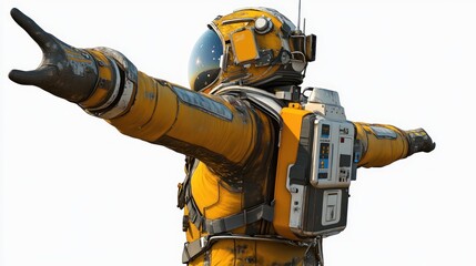 Wall Mural - a futuristic astronaut in a yellow suit with arms outstretched, suggesting exploration.