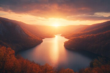 Wall Mural - serene sunset over a tranquil river surrounded by autumn foliage and mountains.
