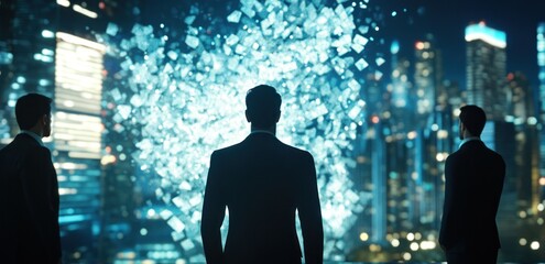 Wall Mural - three figures observe a digital explosion against a city skyline at night.