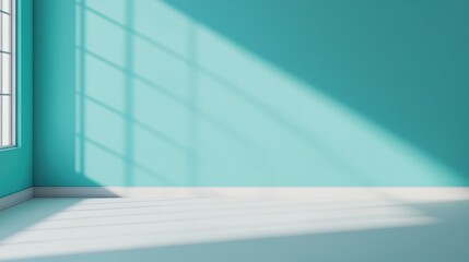 Poster - Empty room with sunlight streaming through window creating shadows on turquoise wall
