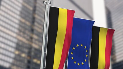 Wall Mural - Belgium and European Union vertical flags waving together on a clear day