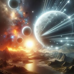 Wall Mural - Moons emitting beams of light towards each other