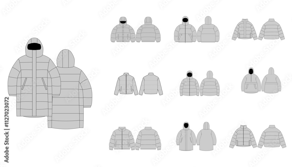Set of Puffer Winter Jacket - Padded Quilted Waistcoat Design with ...