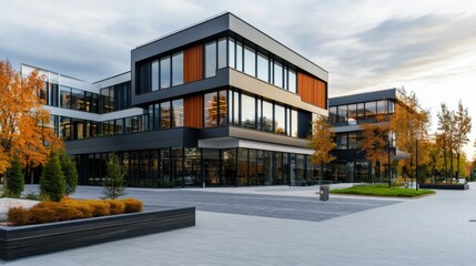 Wall Mural - Modern Office Building with Glass Facade Surrounded by Autumn Trees and Clear Sky in Urban Environment