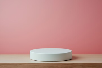 Fototapete - White cylinder displaying on wooden table with pink backdrop
