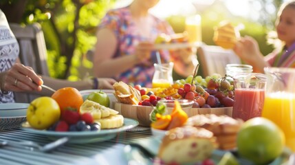 Poster - A family enjoying a healthy brunch outdoors. featuring fresh fruits, whole grain pastries, and smoothies. promoting outdoor healthy eating. ideal for lifestyle magazines