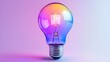 © PNGPHOTOCLUB - Vibrant Neon Light Bulb with Colorful Reflection on Background, Artistic Illustration of Modern Innovation and Creative Energy Concept