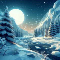 Wall Mural - Low Poly Winter Landscape D render of a winter landscape using a