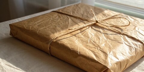 Poster - A Simple Brown Package Wrapped in Kraft Paper and Tied with Twine, a Rustic and Minimalist Gift