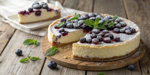 Wall Mural - A blueberry cheesecake with a slice removed, dusted with powdered sugar and topped with fresh mint leaves, sits on a rustic wooden board.