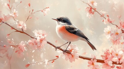 Naklejka na meble Beautiful bird's singing , standing in cherry blossom branch


