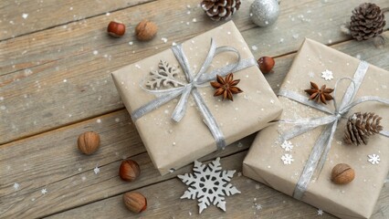 Poster - Two Rustic Gifts Wrapped in Brown Paper with Silver Ribbon and Festive Decor on a Wooden Surface