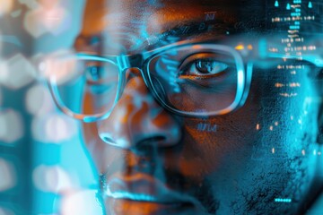 futuristic hologram featuring a man engaged in programming and cybersecurity, focused on communicati
