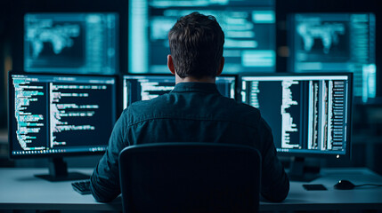 Back view of a programmer working on multiple monitors with lines of code, representing software development and cybersecurity.