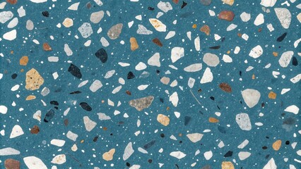 Poster - A seamless, repeating pattern featuring an abstract, terrazzo-style design with a cool blue background and speckled, randomly distributed, multicolored stone-like particles.