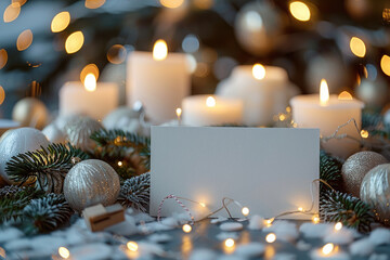 Poster - Blank greeting white card on the background of a Christmas tree, candles, decorations. Merry Christmas and New Year! Copy space. Mock up