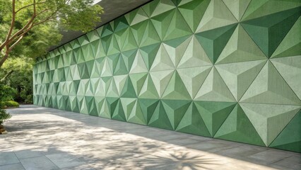 Poster - A contemporary building facade with a geometric green wall design featuring a pattern of intersecting triangles and lines, casting shadows on the paved ground.