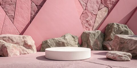 Poster - A Minimalist Abstract Still Life with a White Platform Centered Amongst Rough Stones Against a Pink Wall
