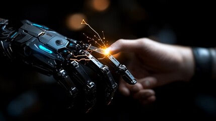 Canvas Print - Human hand touches robotic hand, sparks ignite.