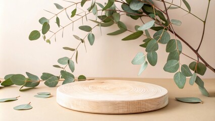 Poster - Round Wooden Display Stand with Eucalyptus Branch and Leaves on Beige Background