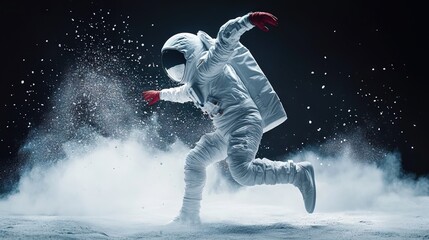 Wall Mural - astronaut jumping in low gravity near the moon hyper realistic in the background generative ai