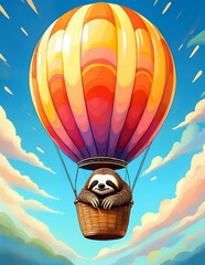 A charming sloth enjoys a relaxing hot air balloon ride.  The vibrant colors and peaceful atmosphere create a joyful scene.