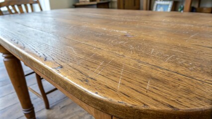 Aufkleber - A close-up shot of a wooden table top with visible scratches and a natural wood grain pattern.