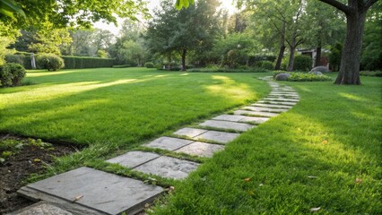 Poster - A stone pathway winds through a lush green lawn with dappled sunlight, leading towards a verdant garden.