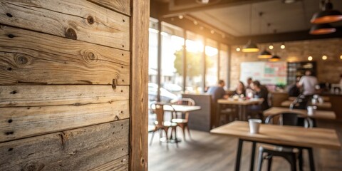 Poster - A close-up of a rustic wooden wall with a blurred view of a coffee shop interior in the background