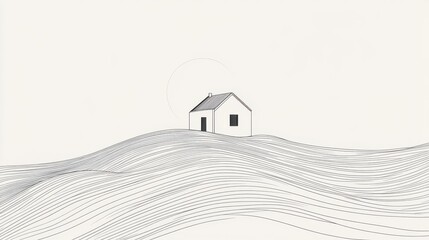 Wall Mural - vector line art of an abstract house on a hill, drawn with flowing black lines for a clean and moder