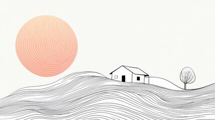 Wall Mural - vector line art of an abstract house on a hill, drawn with flowing black lines for a clean and moder