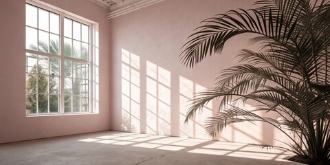 Aufkleber - A large window with a view of trees casting sunlight onto the interior wall, revealing a large potted palm plant with cascading leaves