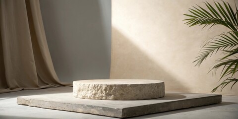 Wall Mural - Minimalist Stone Podium with Subtle Lighting and a Touch of Greenery