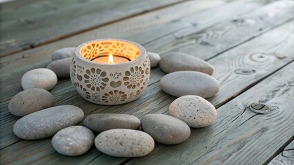 Aufkleber - A glowing candle in a delicate patterned holder rests among a circle of smooth, gray stones on a weathered wooden surface.