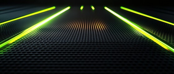 glowing abstract pattern in bright neon green and yellow over a dark black carbon background of circ