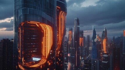 Wall Mural - Futuristic Metropolis at Dusk with Glowing Skyscrapers