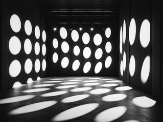 circular light patterns illuminate dark room.