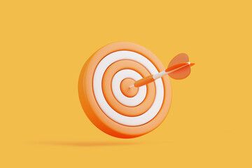 Orange and white dartboard with a dart hitting the bullseye, representing precision, success, and goal achievement on yellow background. 3D render illustration