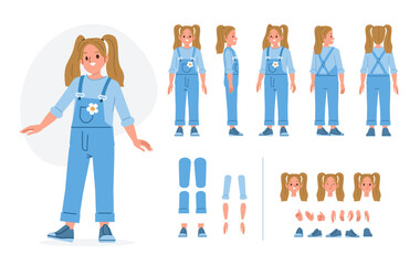 Wall Mural - little girl character constructor for animation. front, side and back view set. body parts, postures