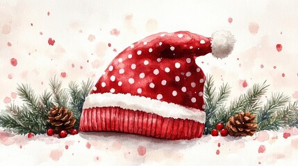 Watercolor Christmas Hat with Festive Decor. Generative AI