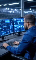 Wall Mural - professional male analyst working on multiple digital displays in an advanced data analysis environm